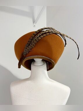 Rare Jack McConnell Boutique Feather Trim Rhinestone Trim Church Hat Tilt Beret